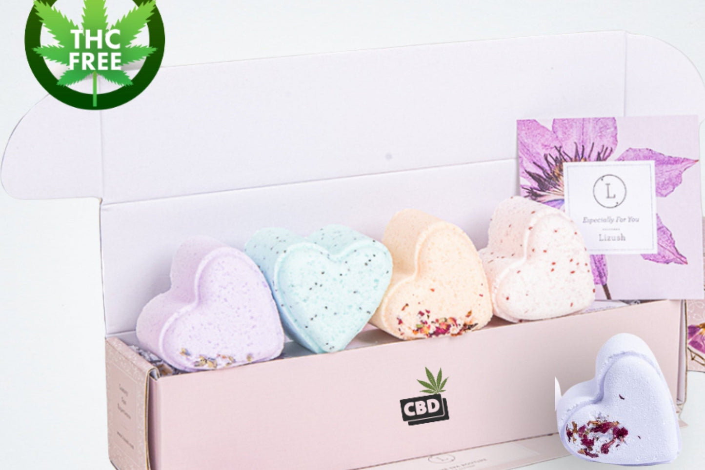 CBD - 5 Hearts Shaped Shower Steamers/ fizzies with CBD - in a Gift Box - Can be personalized. (THC free)